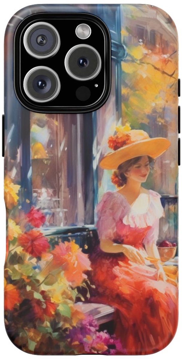 Vrolijke Vrouw in Bloementuin – Telefoonhoesje Geschikt voor iPhone 16 Pro