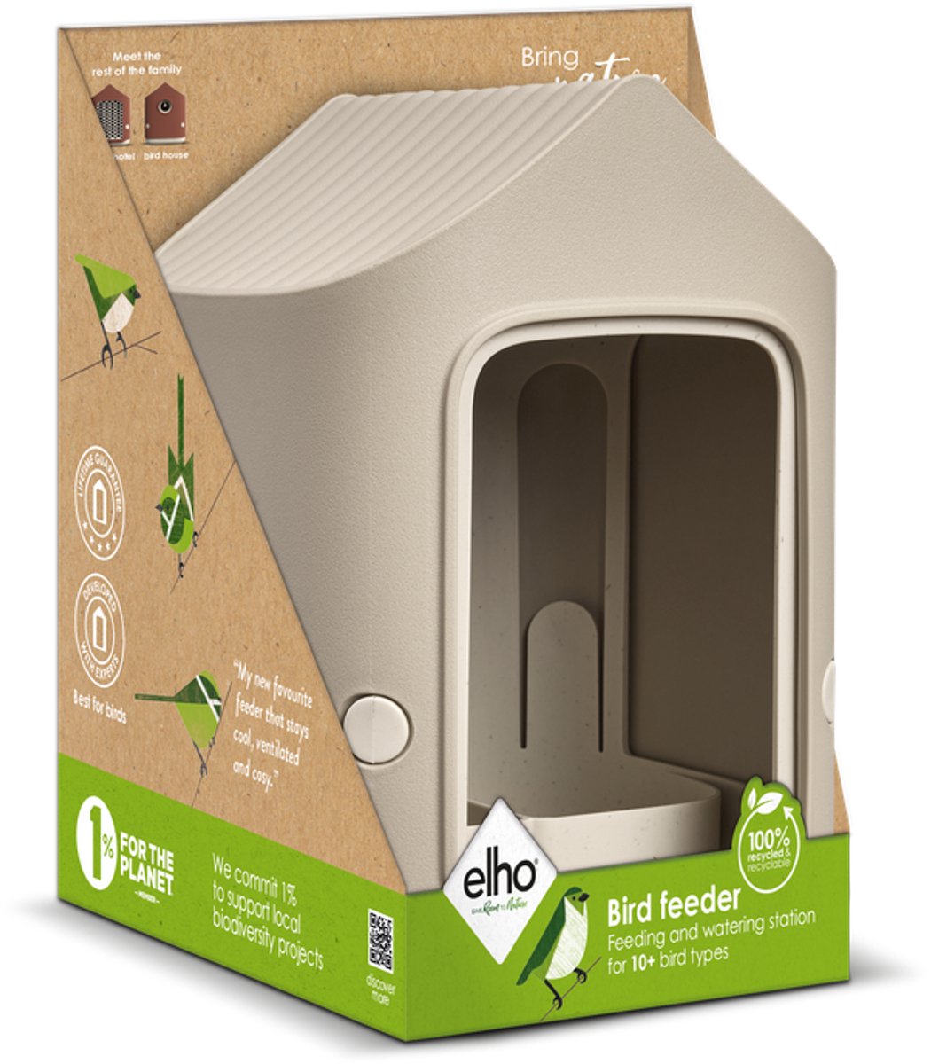 Elho Cosy Bird Feeder 18cm - Vogelvoederhuisje en Vogelbadje - 100% Gerecycled Plastic - L17.6 x B18 x H23 cm - Paddenstoel beige