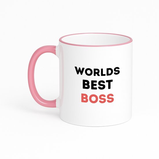 Tasse blanche avec anse et bordure roses, inscription "WORLDS BEST BOSS" en noir et rouge.