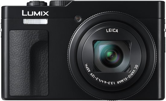 Zwarte Panasonic Lumix compactcamera met een Leica-lens en een grip.