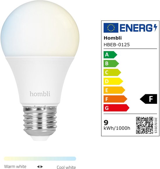 Homblì E27 lamp met energie label F, toont warm wit tot koel wit licht.