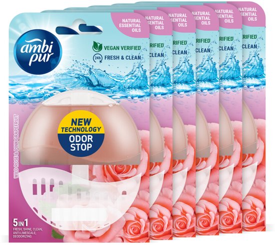 Ambi Pur toiletblok verpakking met 6 stuks, geurend naar wilde roos en roze grapefruit. Met "NEW TECHNOLOGY ODOR STOP".