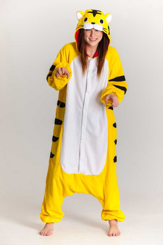 KIMU® Onesie Gele Tijger Pak - Maat M-L of 170-176 - Tijgerpak Kostuum Geel Gestreept - Jumpsuit Huispak Pyjama Kat Dames Heren Overall Fleece Festival
