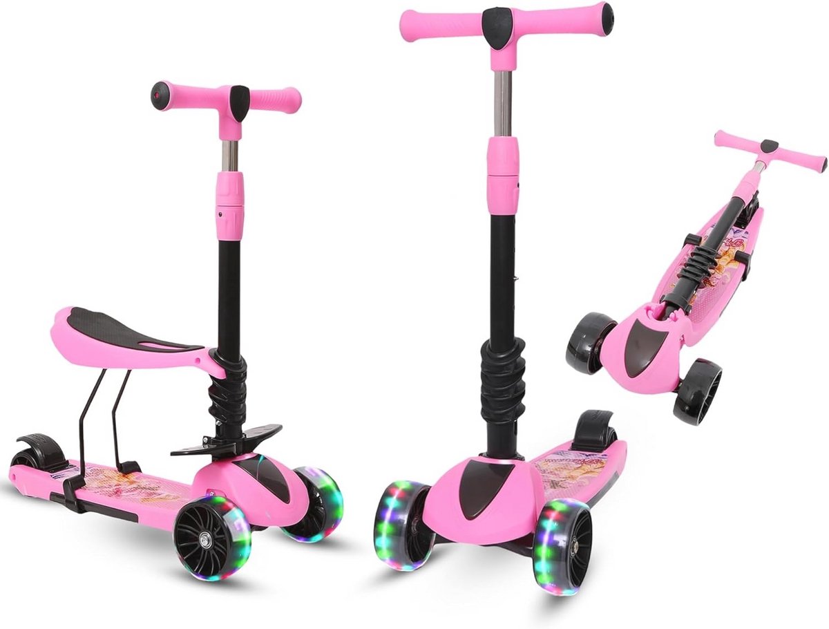 Image of 3-in-1 Kinderstep Met Zitje - Opvouwbaar, In Hoogte Verstelbaar, LED-Wielen - Voor Kinderen Vanaf 3 Jaar Tot 50 Kg