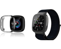 Strap-it Nylon Bandje (Zwart) + TPU Case (Zwart) - Geschikt voor Fitbit Versa 3 / Versa 4 / Sense 2 - Ademende geweven nylon band - Lichtgewicht & comfortabel - Beschermhoes met schermbeschermer