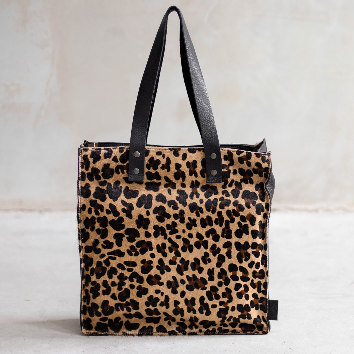 Leren shopper - Zwart/panterprint | Koeienhuid shopper