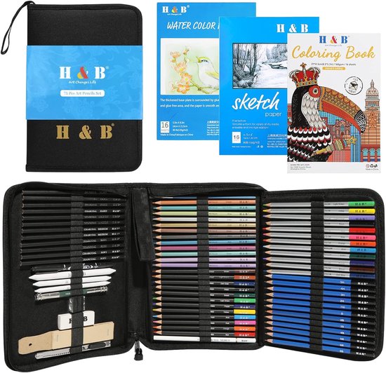 Majoart Kleurpotloden en schetsen grafietpotloden kunstbenodigdheden set in grote koffers, het beste voor beginners en volwassenen