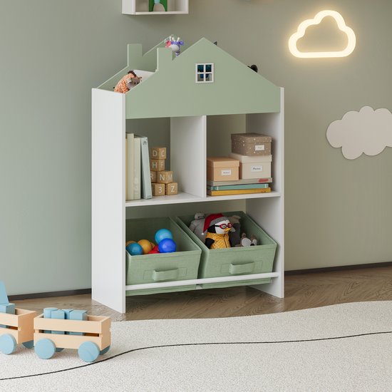 Étagère Enfant Forme Maison Avec Boîtes - 90x60x27 Cm, MDF Et Métal - Vert Menthe/blanc - Rangement Jouets, Livres