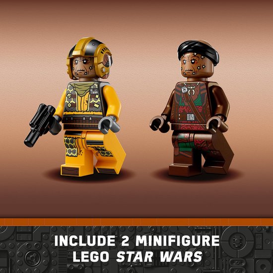 Twee LEGO Star Wars minifiguren: een piloot in geel en een ander figuur met bruine kleding.