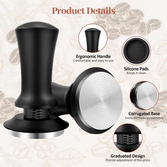 Navaris koffie en espresso tamper - Koffiestamper voor het aandrukken van gemalen koffie - Inclusief tampermat - Roestvrij staal en hout - 51 mm