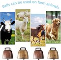 Een collage van vier boerderijdieren (koe, schaap, paard, hond) met bronzen bellen.
