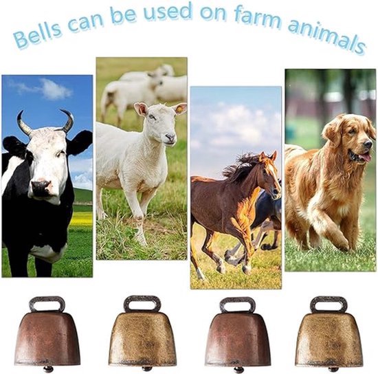 Een collage van vier boerderijdieren (koe, schaap, paard, hond) met bronzen bellen.