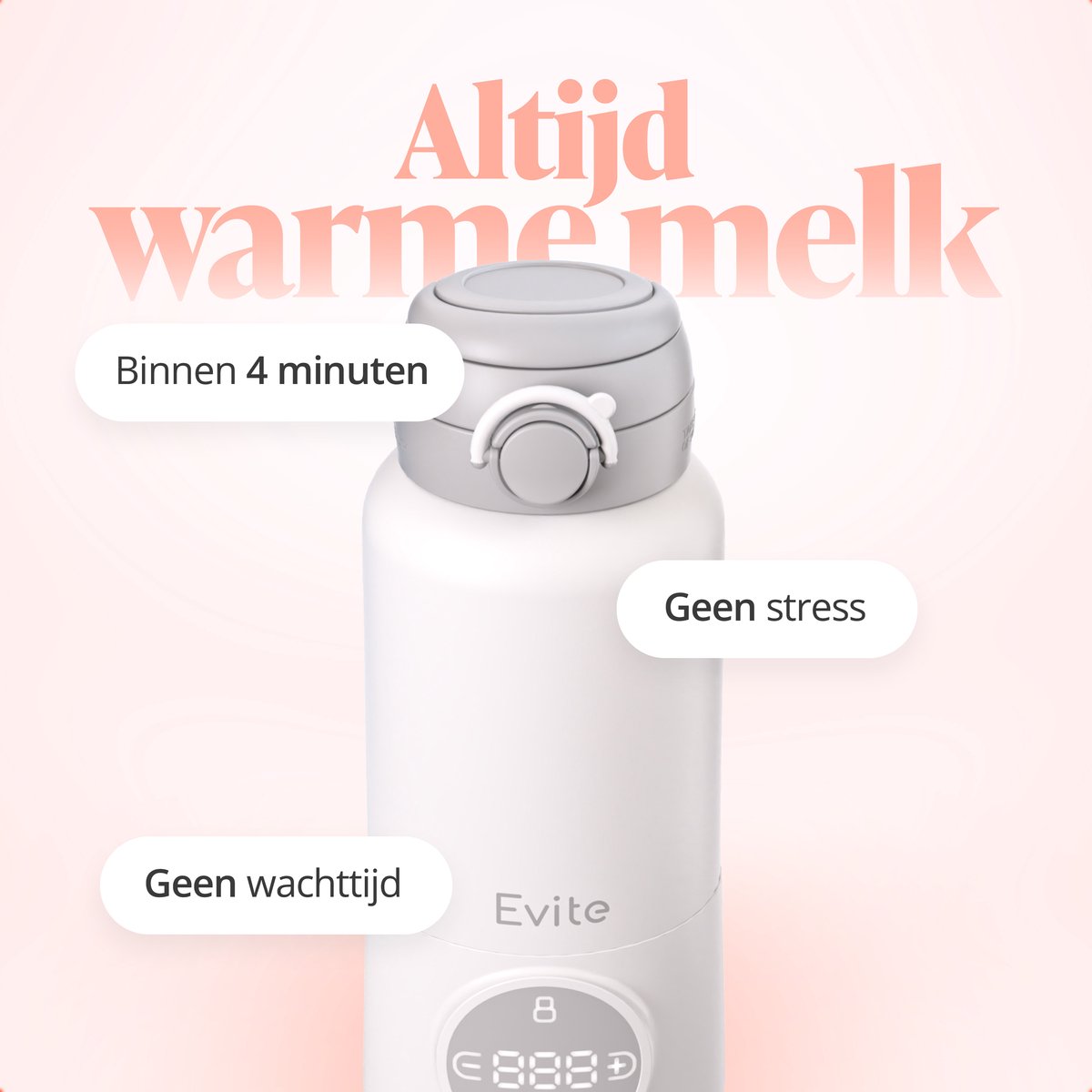 Evite Portable Bottle Warmer - Draagbare Flessenwarmer Onderweg met Borstel - Draadloos & Oplaadbaar - BPA Vrij - USB-C - 13500 mAh - 450ML - Wit thumbnail 2