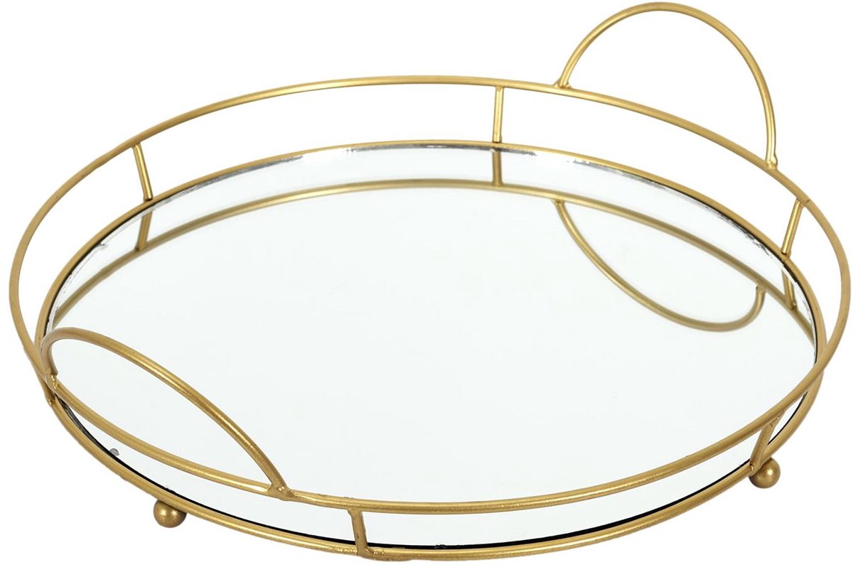 Home Deco Factory Design dienblad van spiegel glas - Rond - 34 x 4 cm - goud metaal - opstaande rand - voor glazen en kopjes