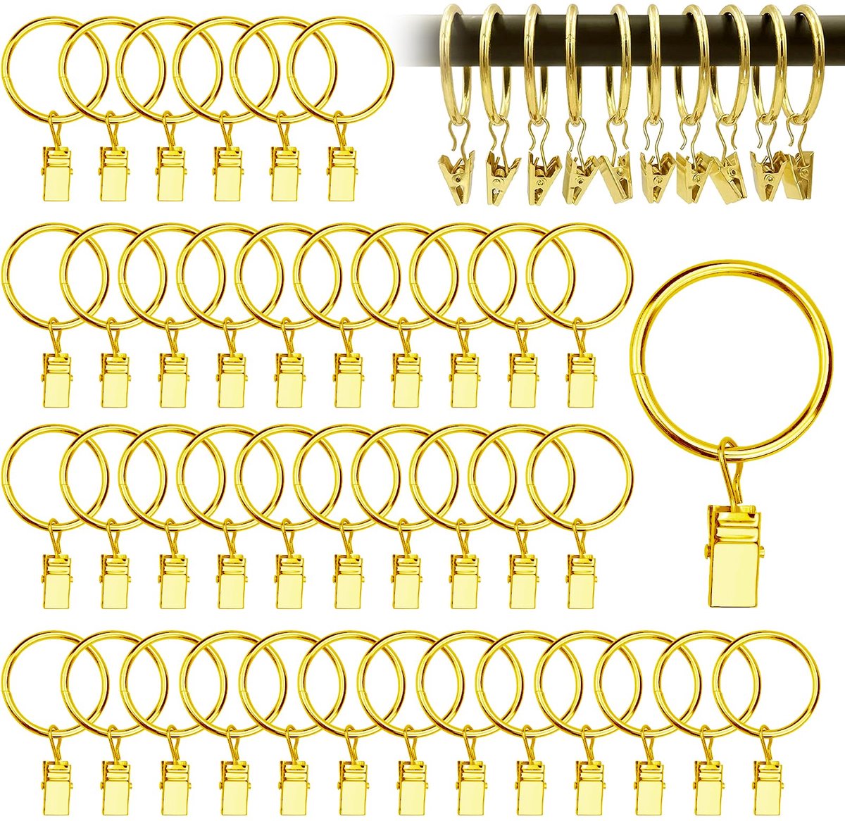 Ibenzoa® Goudkleurige metalen gordijnringen set van 40 stuks met stevige clips voor veelzijdig gebruik