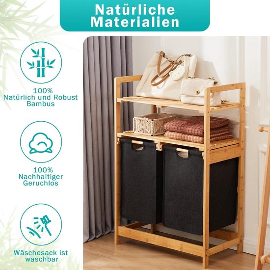 FIVMEN Wasmand 2 Vakken 36L Wasverzamelaar Wassorteerder met Bamboe Bovenrand en Handgrepen Waszak Wasbox van Oxford-weefsel voor Wasruimte Badkamer, Beige