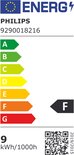Energie-etiket van Philips, model 9290018216, met energieklasse F en een verbruik van 9 kWh/1000h.