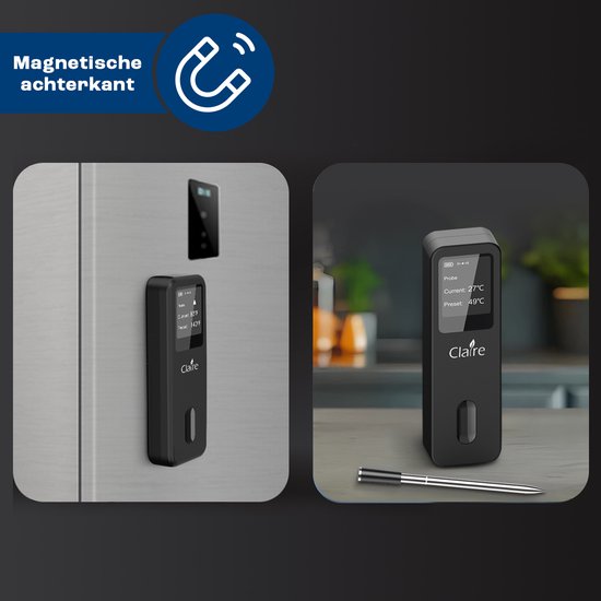 Zwarte Claire thermometer aan de achterkant van een koelkast en op een aanrecht.