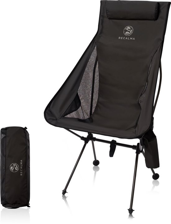 Recalma Campingstoel Zwart - Opvouwbare Vouwstoel met Neksteun - Lichtgewicht Visstoel - Vouwstoel Inklapbaar - Incl. Drankhouder, Draagtas en opbergvak - Comfortabel XL model - Zwart