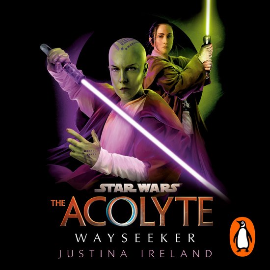 Twee vrouwen met lichtzwaarden, een met groene en een met paarse. Titel: Star Wars: The Acolyte: Wayseeker.