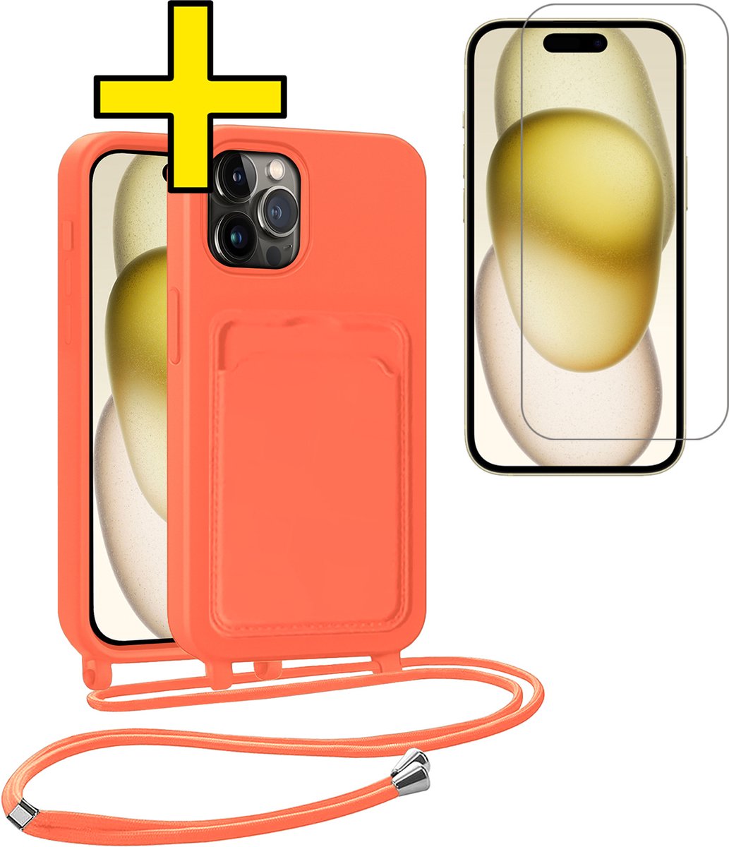 Hoesje Geschikt voor iPhone 15 Pro Max Telefoonhoesje Met Koord Case Pashouder Met Screenprotector Siliconen - Hoes Geschikt voor iPhone 15 Pro Max Hoesje Met Kaarthouder - Papaya