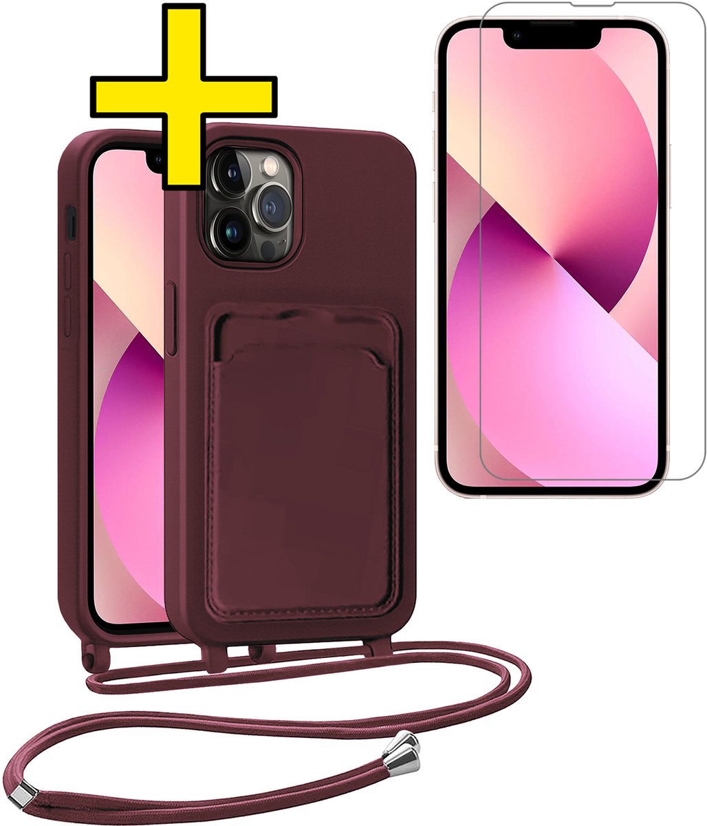 Hoesje Geschikt voor iPhone 13 Pro Max Telefoonhoesje Met Koord Case Pashouder Met Screenprotector Siliconen - Hoes Geschikt voor iPhone 13 Pro Max Hoesje Met Kaarthouder - Aubergine