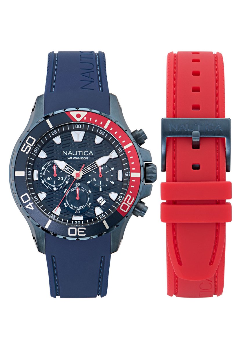 Nautica Nst Quartz Chronograaf Horloge Blauw En Rood Kast: 100% Roestvrij Staal. Armband: 100% Siliconen 44 NAPNSS505, NAPNSS506