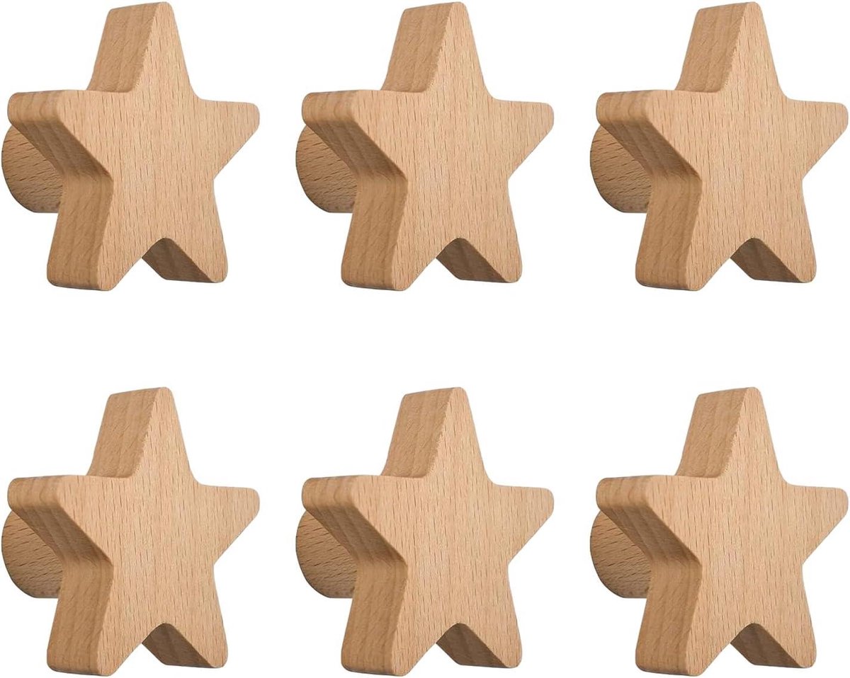 Allecto Premium - Stervormige Houten Knoppen 6 stuks - Enkel Gat - Voor Kast en Ladekast - Met Schroeven & Uitbreidingsbuis