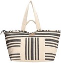 Grote XL strandtas met beige basis en zwart gestreepte patronen. Twee hengsels en een roze label met 'PE-Florence'.