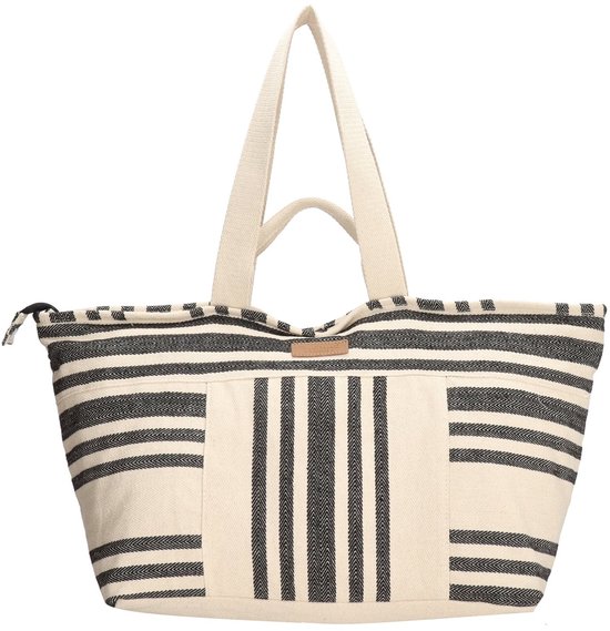 Grote XL strandtas met beige basis en zwart gestreepte patronen. Twee hengsels en een roze label met 'PE-Florence'.