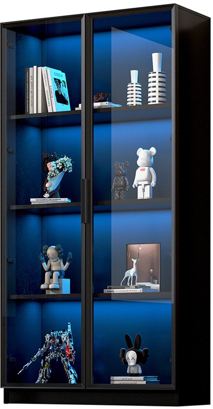 FOERPL Glazen vitrine met led en slot, gespiegelde achterkant, 4 lagen, moderne glazen vitrinekast voor verzamelingen, figuren, bar, huis en kantoor