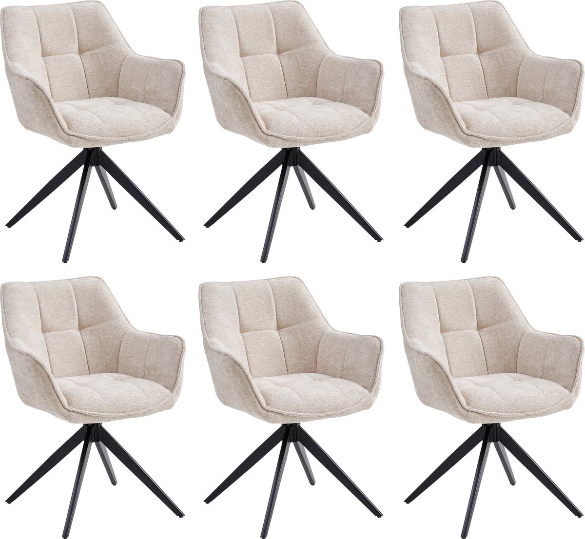 Colenis® - Boston Eetkamerstoel - Set van 6 - Beige - Chenille Stof - Gestoffeerde zitting - Metalen poten - 180° - Draaistoel