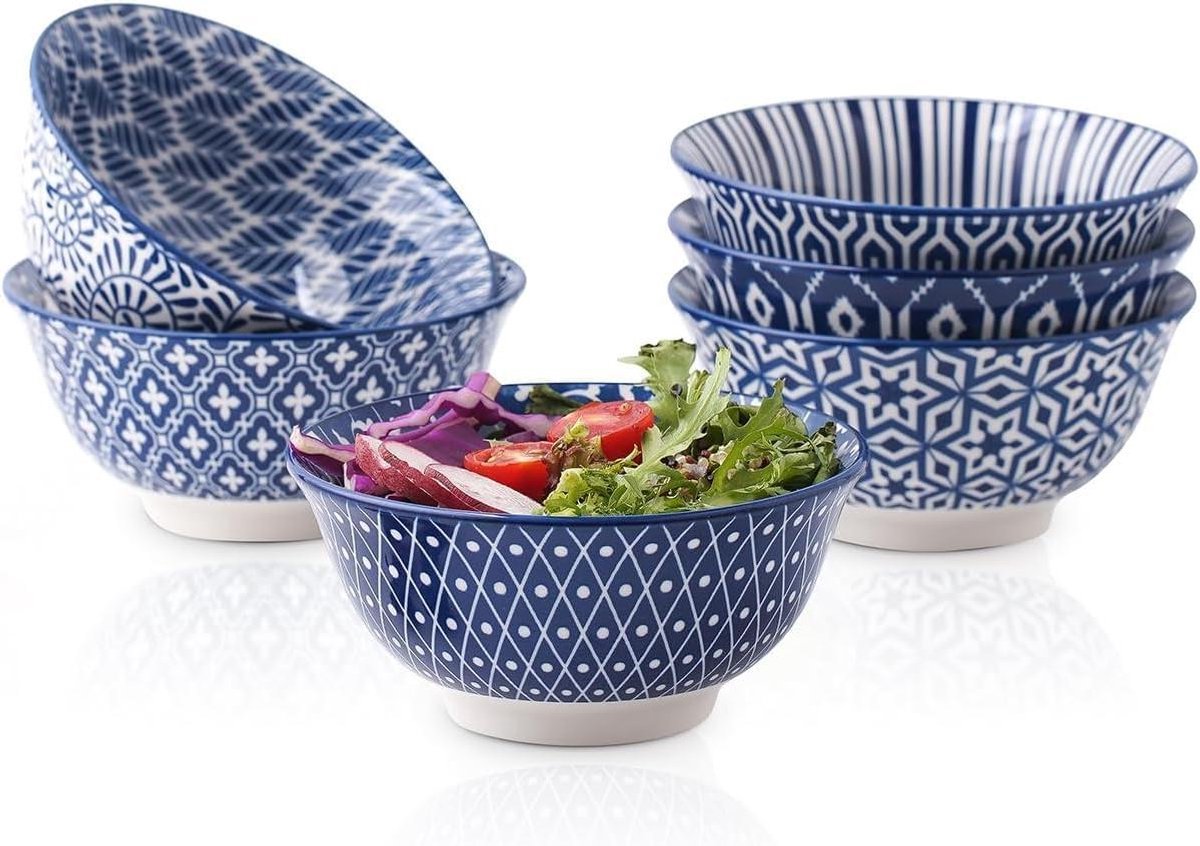 Allecto Premium - 6-delige set porseleinen kommen - vintage blauw geschikt voor granen, soep, salade