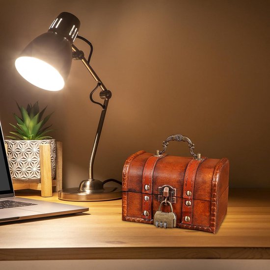 LjFrexia Vintage houten schatkist, klein, groene schatkist met cijferslot, piratenschatkist, retro houten kist voor opslag, kinderopslag, sieradendoos voor opslag en decoratie