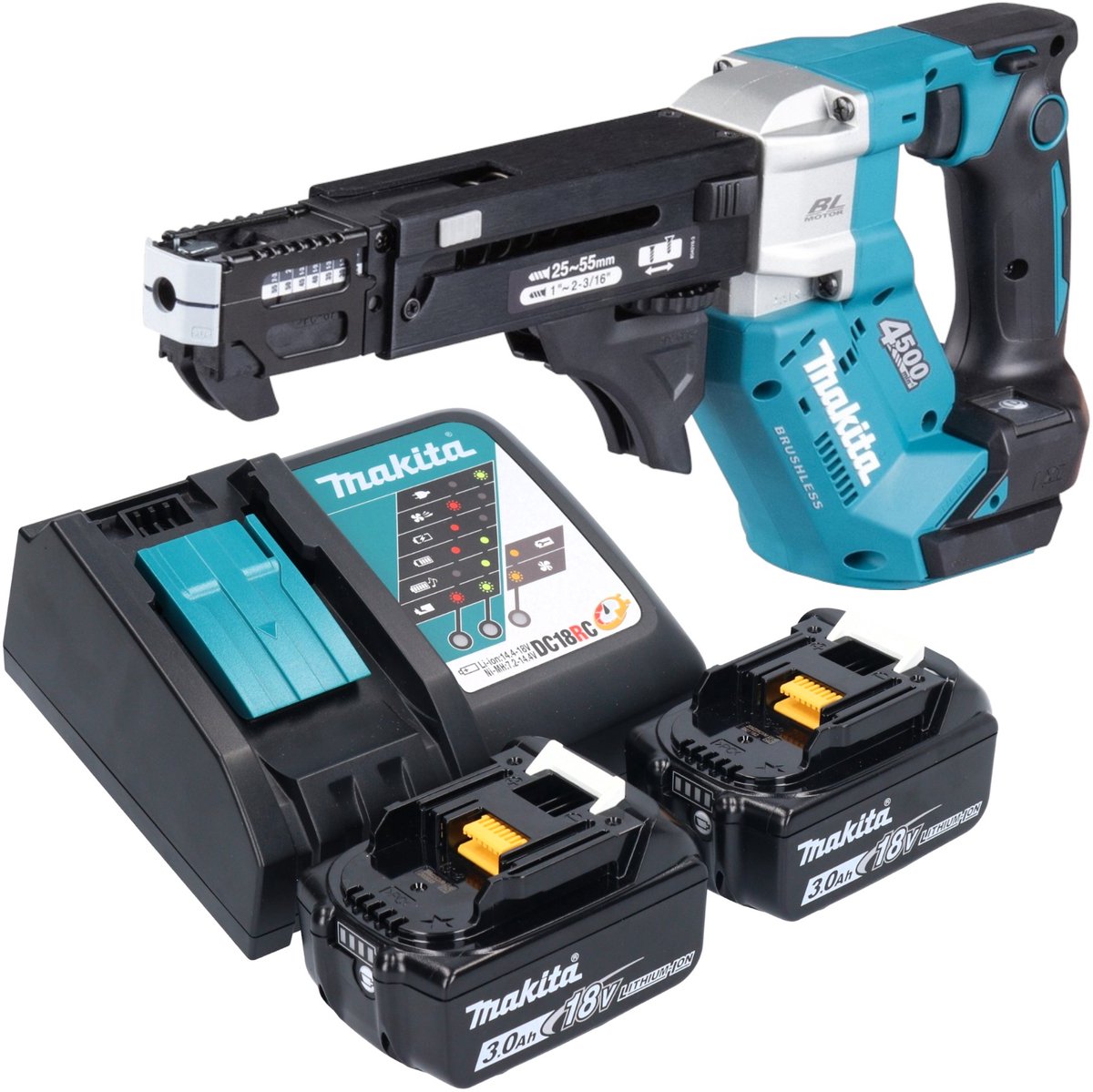 Makita DFR 552 RF accu-magazijnschroevendraaier 18 V 25 - 55 mm borstelloos + 2x accu 3.0 Ah + lader