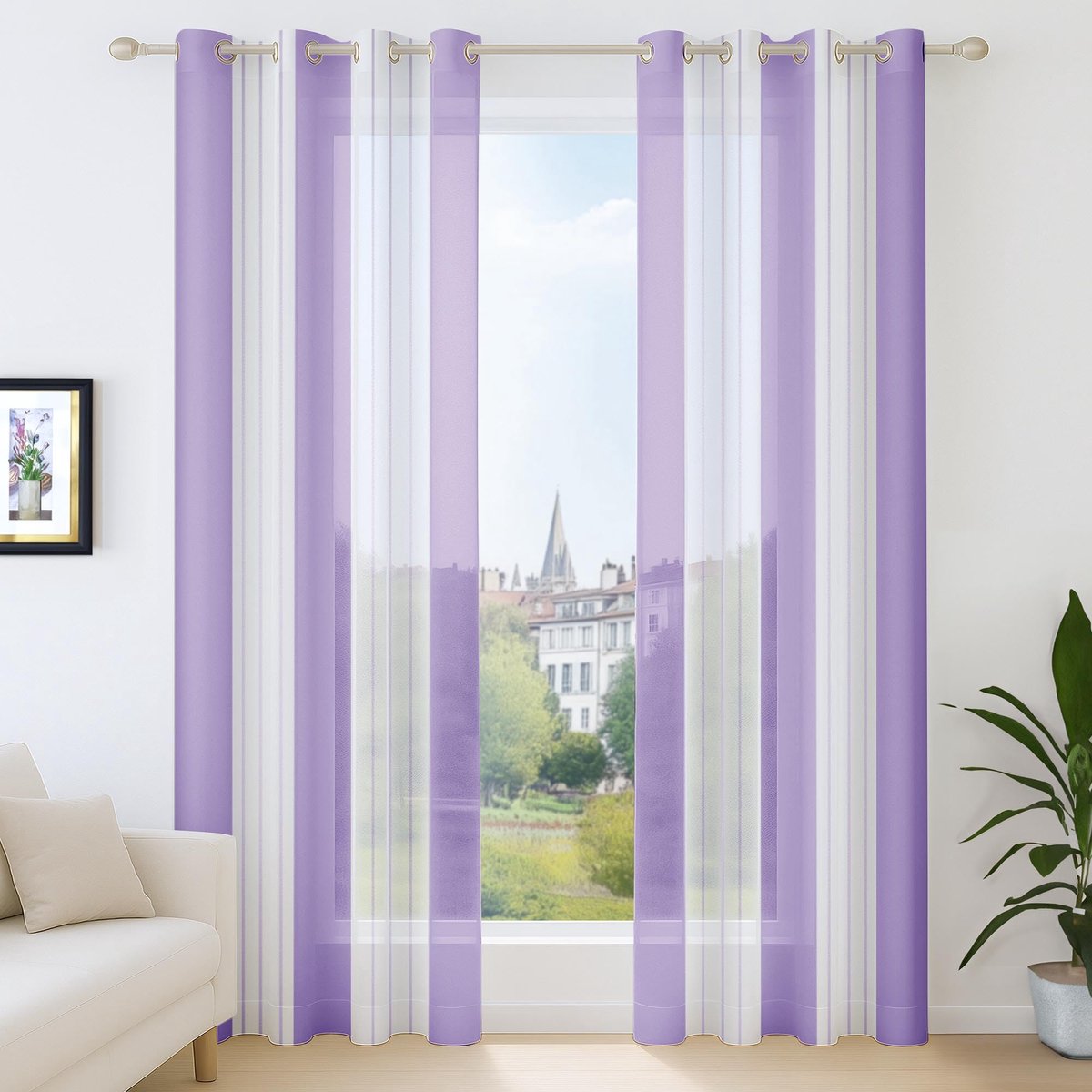 Ibenzoa Stijlvolle Voile Gordijnen Set van 2 in Linnenlook met Oogjes voor Slaapkamer, 138 x 140 cm, Violet paars