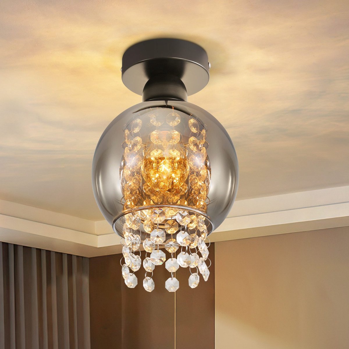NETTLIFE Plafondlamp E27 - Kristal - Rookgrijs - 1-Lichts - met Glas Lampkap - Moderne Plafondverlichting - voor Eetkamer | Slaapkamer | Woonkamer - Max.40W-excl. lichtbron