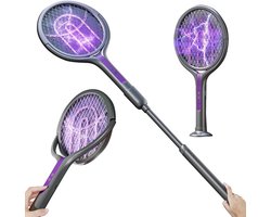 Elektrische vliegenmepper, roterende kop, 2-in-1 oplaadbare elektrische vliegenmepper, BugZapper, insectenzapper, vliegenvanger, FlyZapper-racket met telescopische verlenging (79-106 cm)