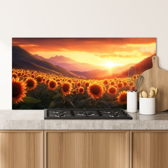 Crédence de Cuisinière en Aluminium 120x60 cm - Tournesols - Coucher de soleil - Paysage - Écran Pare-éclaboussures pour Plaque de Cuisson - Protection Murale