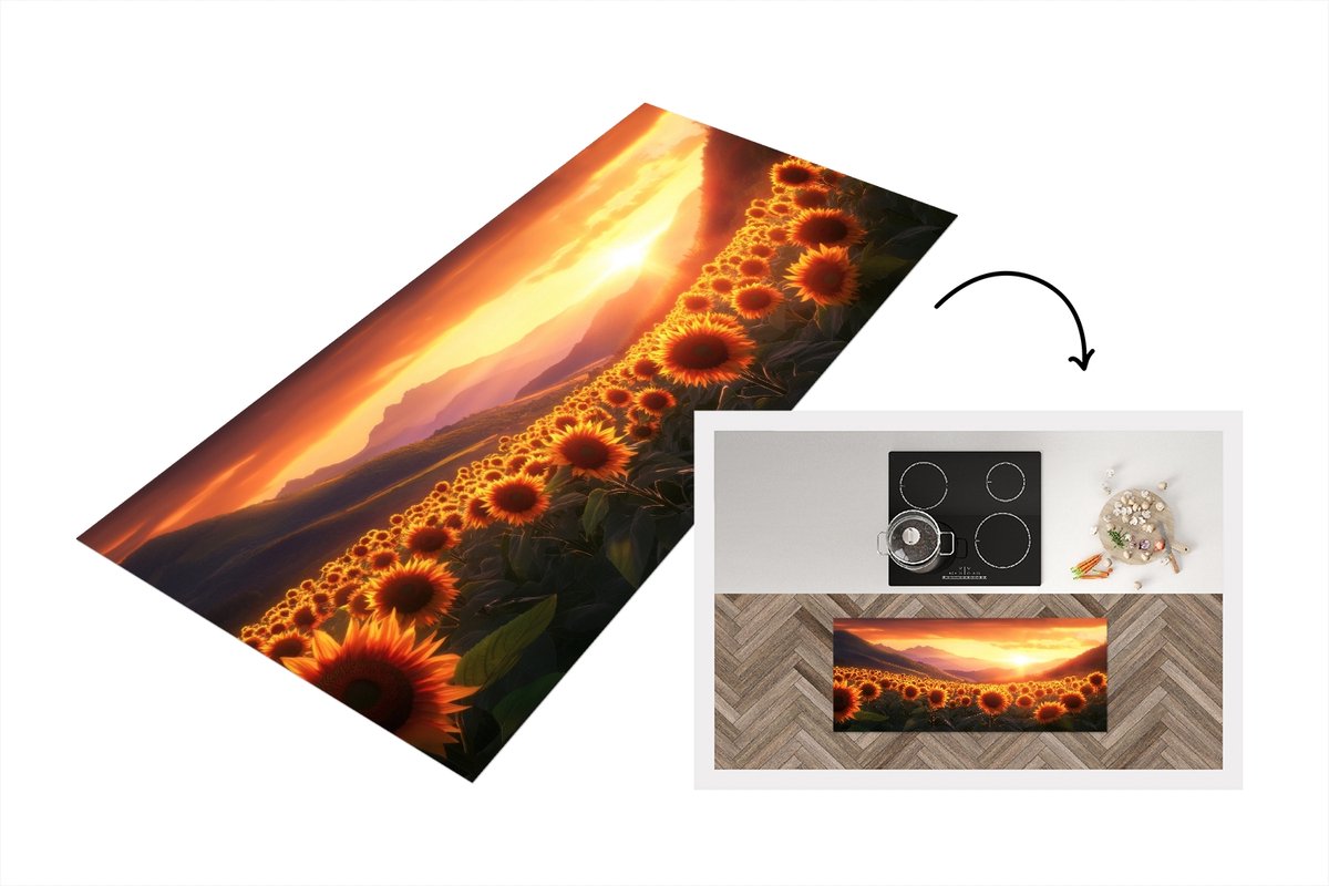 KitchenYeah Keukenloper 120x50 cm - Keukenmat vinyl Zonnebloemen - Zonsondergang - Landschap - Keukenmatten loper - Keuken vloerkleed tapijt Bloemen - Zonnebloemen