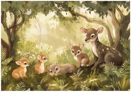 WALLARENA - Fotobehang - 150x105 cm - fotobehang voor kinderen met dieren in het bos voor de kinderkamer