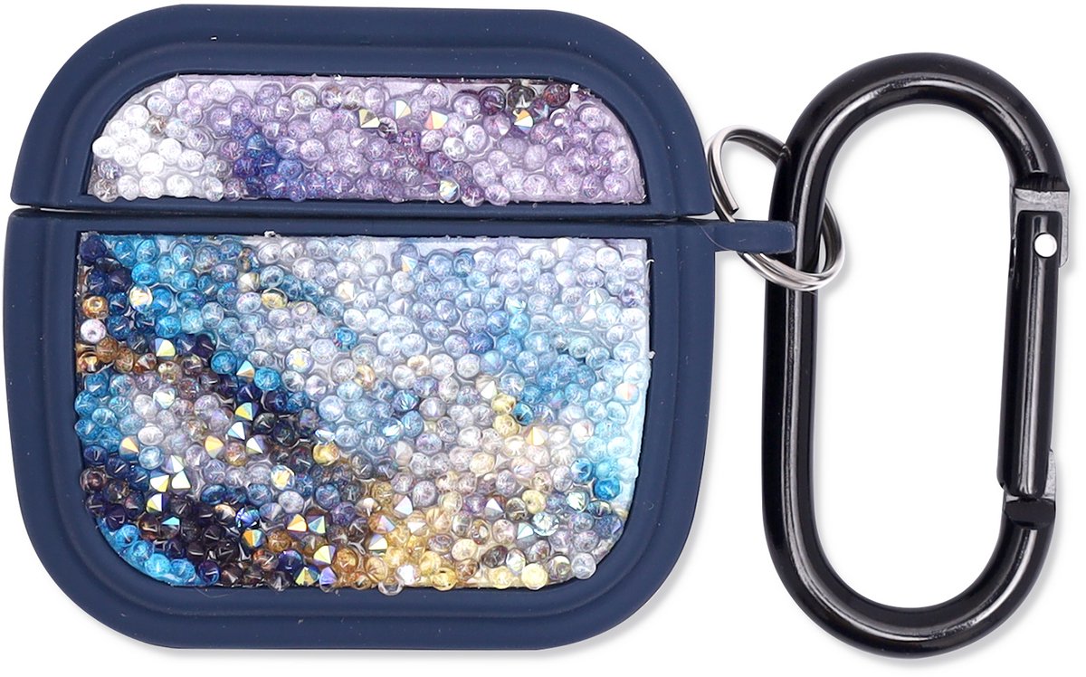 Casemania Hoesje Geschikt voor Apple AirPods 4 - Blauw - Diamant Marmer Glitter Cover met Ring en Sleutelhanger