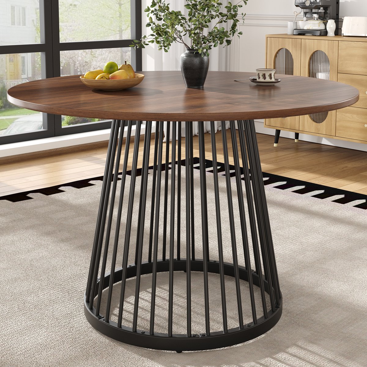 SINGULARITY Ronde eettafel (80x80x76 cm)-4 personen-Rond-Metalen poten-MDF-Walnoot blad-Zwarte poten