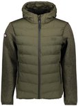 Groene Superdry jas met gewatteerd voorpand, capuchon en gebreide mouwen. Logo op de linker mouw.