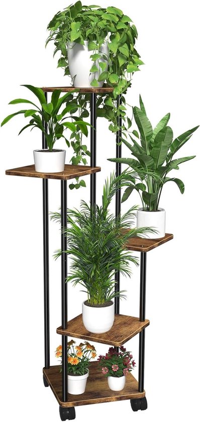 TTL HOME Tower Plantenrek met wieltjes 5 etages - bloemenrek 112 cm hoog voor woonkamer - design plantenstandaard hout eiken metaal zwart - bloementrap standaard & rek binnen, decoratie bloemen