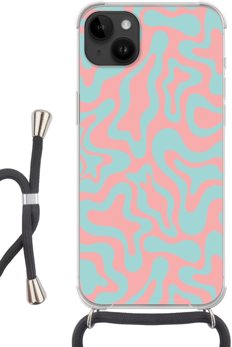 Telefoonhoesje Geschikt voor Apple Iphone 14 Max - Abstract - Patroon - Blauw - Roze - Kleurrijk - Siliconen - Crossbody - Backcover met Koord - Telefoonhoesje met koord - Hoesje met touw Telefoonhoesje