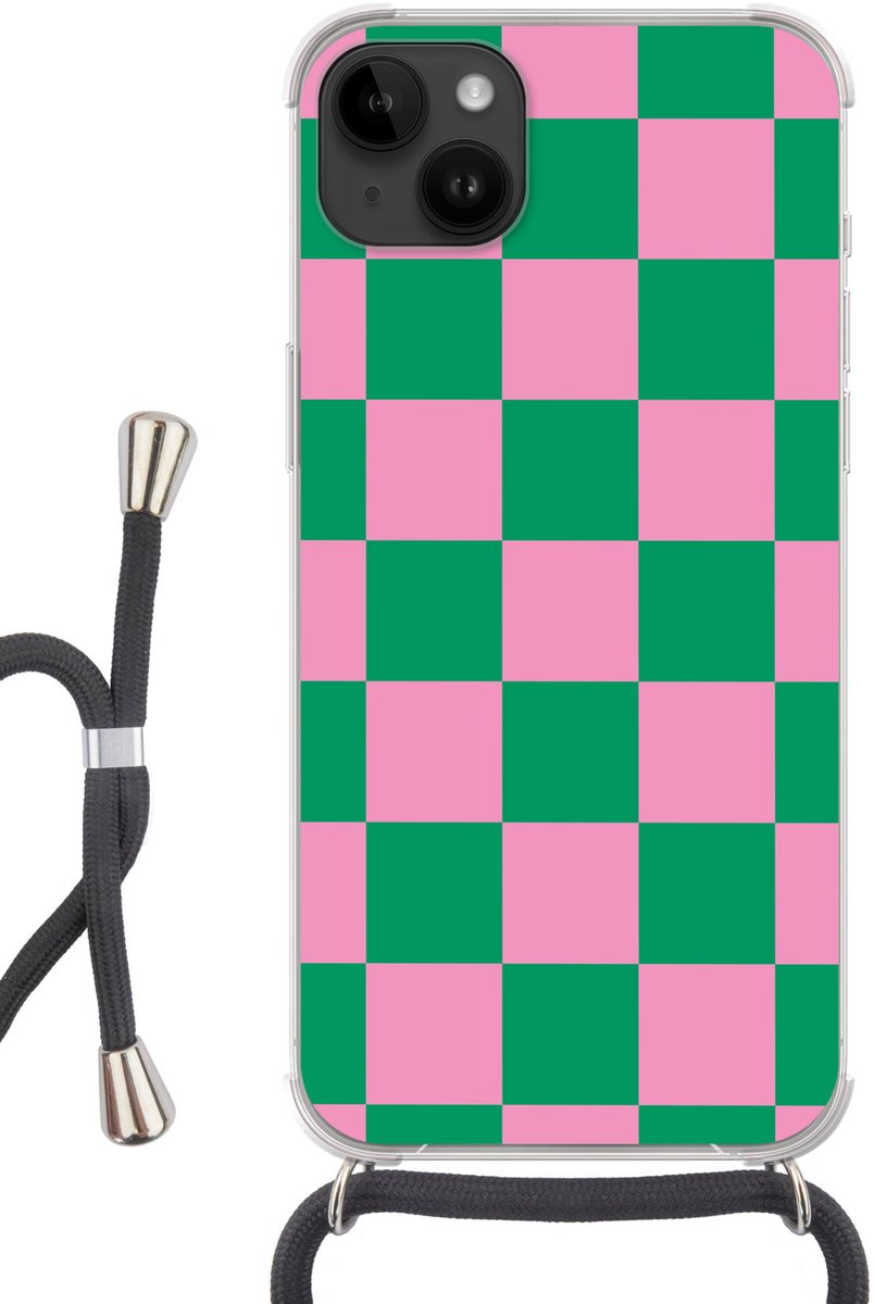 Telefoonhoesje Geschikt voor Apple Iphone 14 Max - Schaakbord patroon - Groen - Roze - Blokjes - Siliconen - Crossbody - Backcover met Koord - Telefoonhoesje met koord - Hoesje met touw Telefoonhoesje