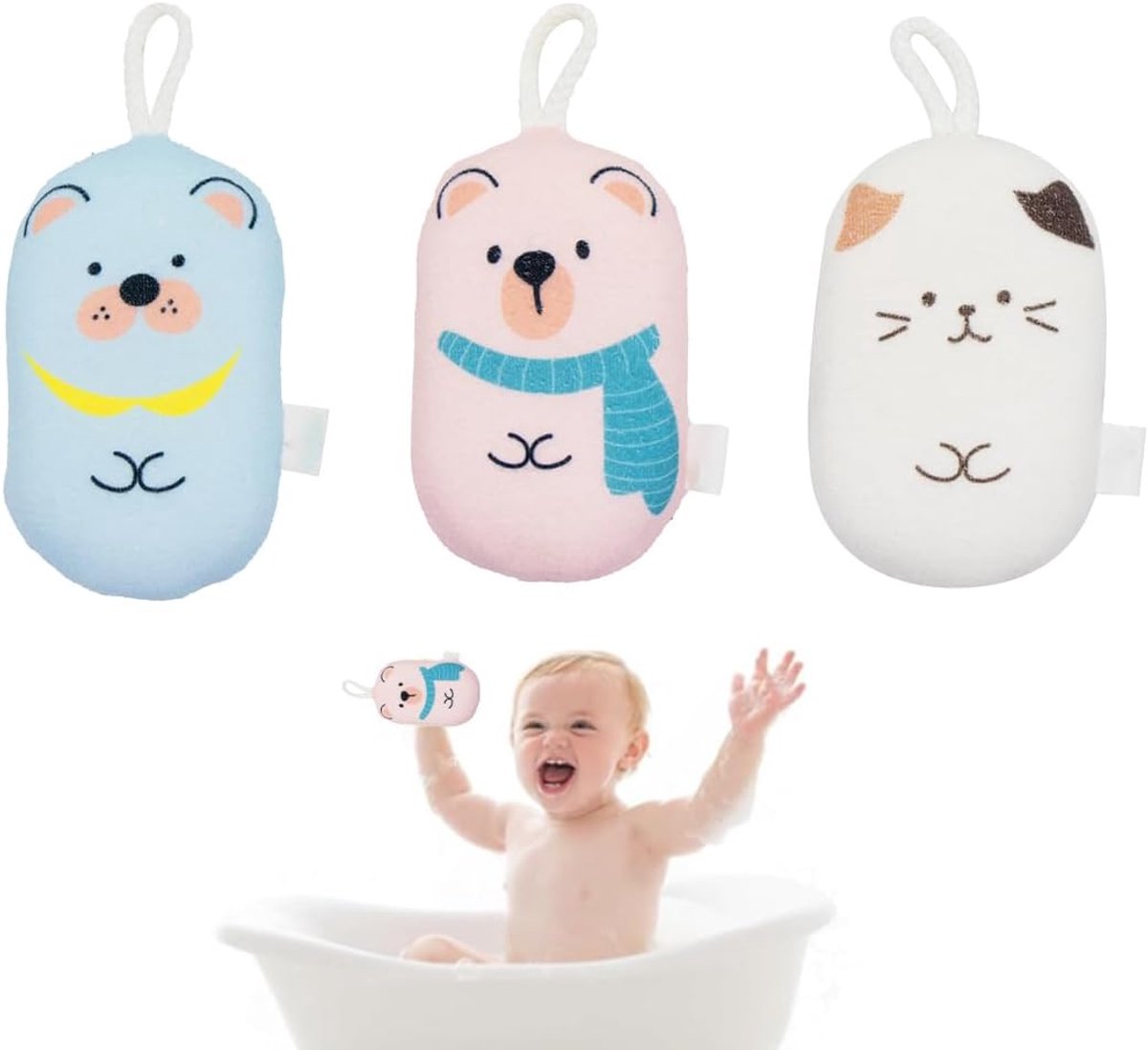 Image of 3 pieces baby bath sponge, baby sponge, natural sponge for newborns, cute shapes for bathing children and babies, shape: bear, cat, 3 pieces