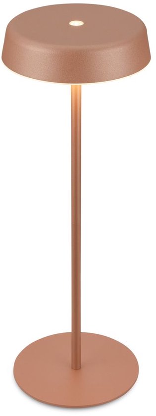 Lampe de table sans fil couleur cuivre avec pied et abat-jour ronds, éclairée par le dessous.