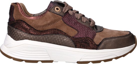 Basket Xsensible marron avec détails violets, bronze et imitation serpent, lacets et semelle blanche épaisse.